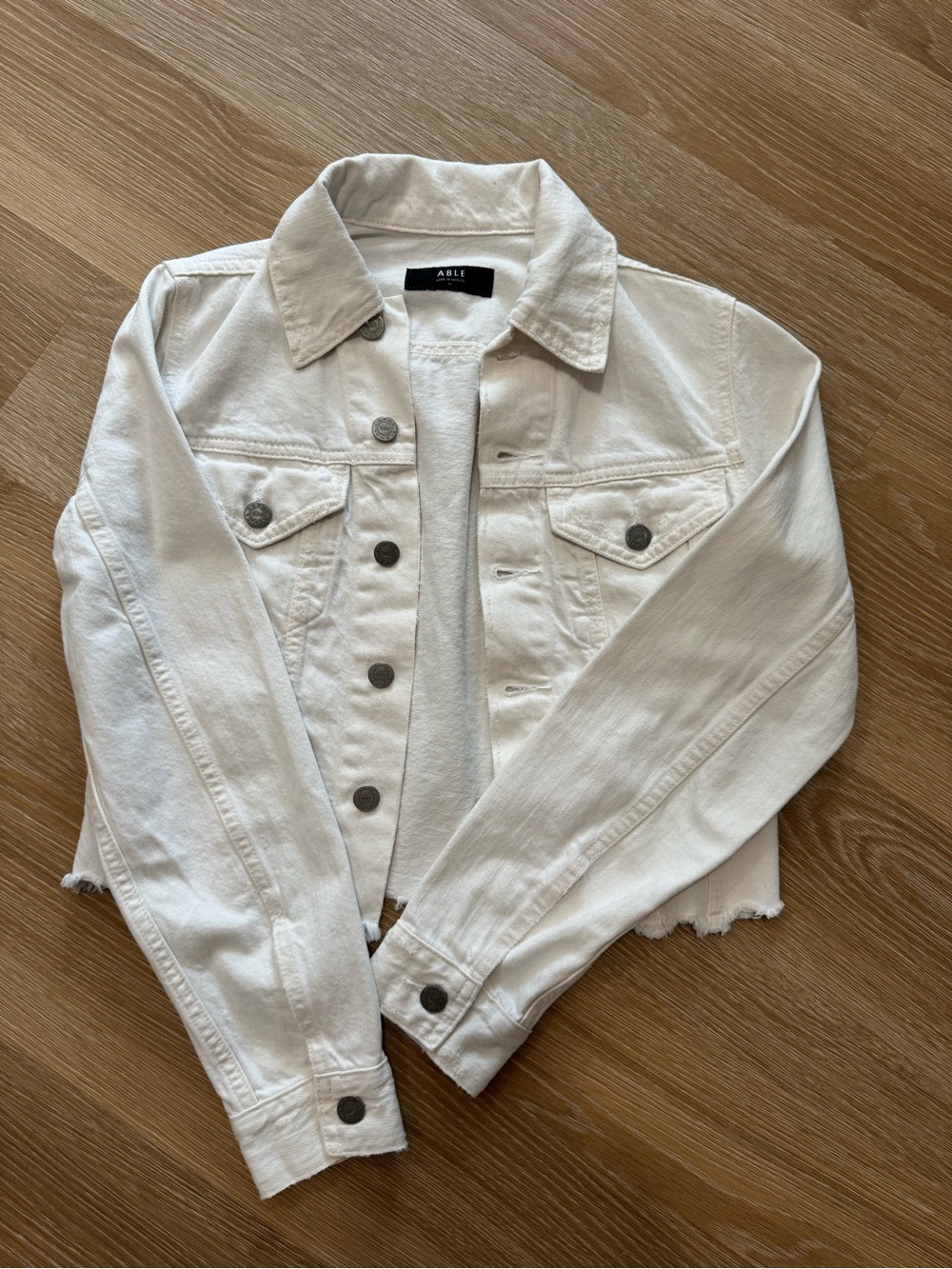 Able White Cropped Denim Jacket with Frayed Hem - Picture 3 of 3